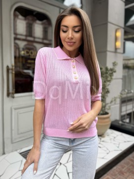 Рожева кофтинка ажурна вʼязка із комірцем на ґудзиках #14037