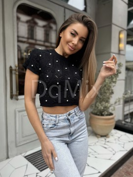 Топ з перлинками , з розрізом на спинці та зав’язках у чорному кольорі #97005