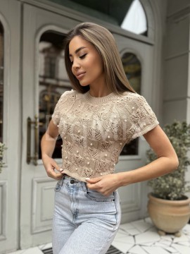 Топ з перлинками , з розрізом на спинці та зав’язках у кольорі кемел #97005