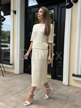 Костюм ажурний кофтинка зі спідницею на резинці , міді довжина у молочному кольорі #7003